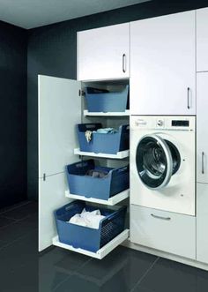 a washer and dryer sitting in a room next to each other on shelves