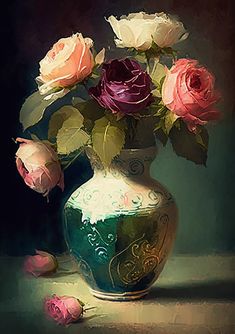 a painting of roses in a vase on a table