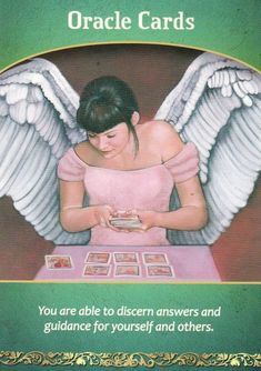 the oracle cards are designed to look like an angel with wings on her chest, and has