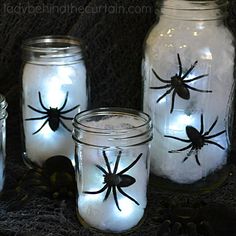 three mason jars with spider webs on them