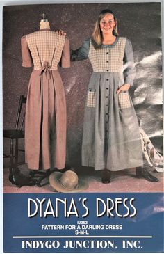 an advertisement for a dress sewing pattern with a woman standing in front of it and the caption says,'dyata's dress