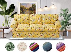 a living room filled with lots of furniture and decorating items, including a yellow couch