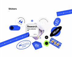 several different stickers and tags on a white background with the words research written below them