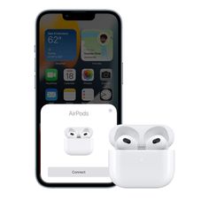 an iphone and ear buds are shown with the airpods logo on it's screen