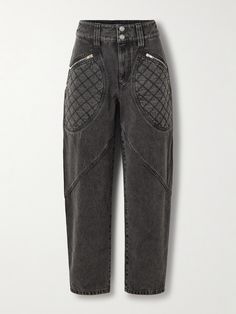 Isabel Marant's jeans are designed with quilted pockets that create the look of motorcycle styles. They're made from panels of dark-gray denim with diagonal seams along the loose, tapered legs and have a high waist. Flat Dress Shoes, Floral Dresses Short, Dress Flats, Motorcycle Style, Swimsuit Dress, Tapered Jeans, Grey Denim, Jean Grey, Fall 2024