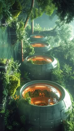 a row of circular planters in the middle of a forest filled with lots of green plants