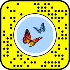 two butterflies flying in the air over a yellow and black square with dots on it