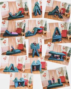 several pictures of people sitting on couches and inflatable structures