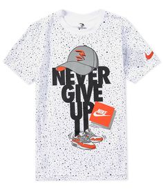 From Nike 3Brand by Russell Wilson&#x2C; this t-shirt features:Regular fitCrew necklineShort sleeves"Never Give Up" front graphicPullover constructionSoft jersey fabricCotton/polyesterMachine wash/tumble dryImported. White Sports T-shirt With Character Print, Character Print Tops For Summer Sports, Sporty White Top With Character Print, White Sporty Top With Character Print, Casual Sports T-shirt With Character Print, Kids T Shirt Design Boys, Boys T Shirt Print, Kids T Shirt Design Ideas, Boys T Shirt Design