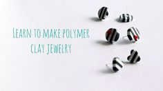 four pairs of black and white striped earrings with the words learn to make polymer clay jewelry