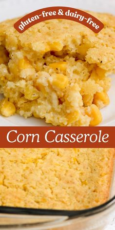 corn casserole on a plate with text overlay