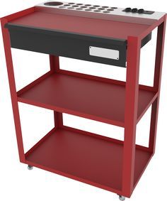 a red and black shelf with two drawers on each side, one drawer is open