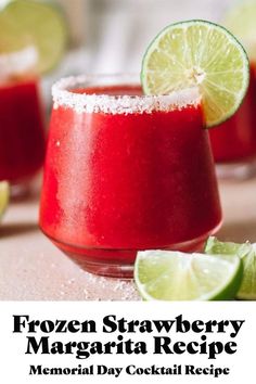 frozen strawberry margarita recipe with limes and sugar on the rim, served in small glasses