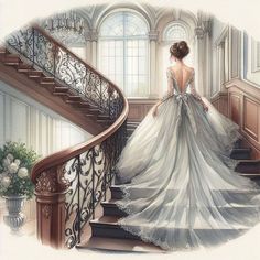 a painting of a woman in a wedding dress walking down the stairs with her back to the camera