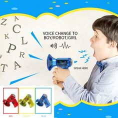 a young boy holding a blue and red blow dryer in front of his face