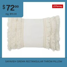 a white pillow with fringe trims on it and the price is $ 72 00