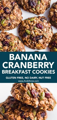 banana cranberry breakfast cookies stacked on top of each other with text overlay