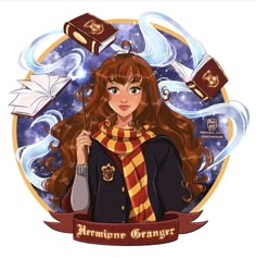 a girl with long hair holding a harry potter wand and wearing a hogwarts scarf