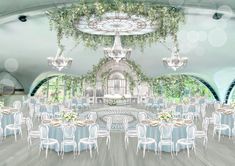 an artistic rendering of a banquet hall with chandeliers and tables set up for a formal function