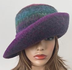 Purple Felted Wool Cloche Hat with 3.5" Wide Brim, Winter Warm Hat for Women Handmade in your size Adjustable Purple Felt Hat With Flat Brim, Adjustable Flat Brim Purple Felt Hat, Purple Adjustable Flat Brim Felt Hat, Multicolor Winter Cloche Hat With Curved Brim, Multicolor Curved Brim Cloche Hat For Winter, Purple Fedora Winter Hat, Adjustable Purple Felt Hat With Short Brim, Wide Brim Purple Winter Hat, Purple Wide Brim Winter Hat