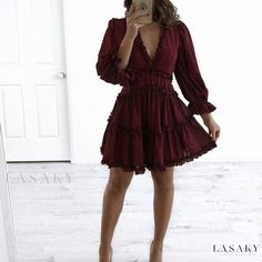 Lasaky - Elegant Snowflake Patterned Beach Garment Maroon Dress Short, V Neck Backless Dress, Dress Short Long Sleeve, Floral Short Dress, Simple Swimsuit, Fall Photo Shoot Outfits, Estilo Hipster, Short Beach Dresses, Boho Beach Dress