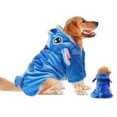 a dog is wearing a blue shirt and standing next to a stuffed animal that looks like an elephant