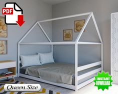 the bed is made up with a white frame and has a canopy over it, which can be used as a night stand