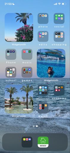 an iphone screen with different images and icons on the bottom right hand corner, including palm trees in the background