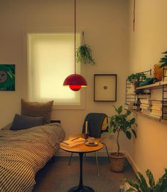 a bedroom with a bed, desk and plants