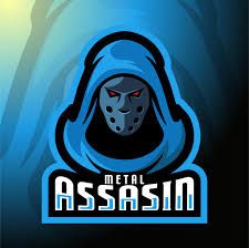 the logo for metal assion is shown in blue and black colors with an evil mask on