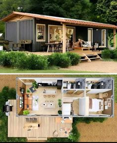 two pictures of small houses in the middle of some grass and trees, one is made out of shipping containers