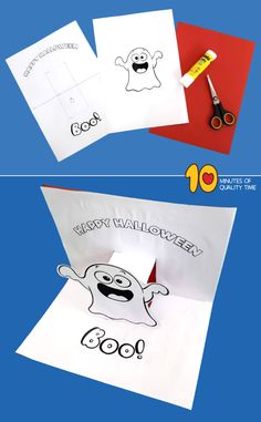 some cards with the words happy halloween on them and an image of a ghost cut out from