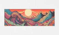 an art piece with mountains in the background and a bright sun above it on a white wall