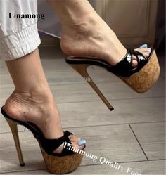 Linamong Black Patent Leather Patchwork Wooden Stiletto Heels Slippers Open Toe High Platforms Platforms Sandals, Pretty High Heels, Heels Slippers, Pleaser Heels, Party Pumps, Beautiful Heels, Leather Patchwork, Clog Heels, Girly Shoes