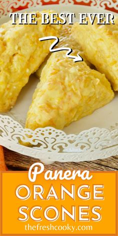 4 Wedges of Orange Scones on a pretty platter. Copycat Panera Orange Scone Recipe, Panera Orange Scones Copycat, Orange Zest Scones, Orange Juice Scones, Recipes That Use Oranges, Orange Brunch Food, Yeast Scones Recipe, Utah Scones Recipe, Recipes That Use Orange Juice