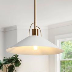 a white light hanging from a ceiling in a kitchen with potted plants on the counter