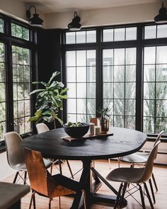 a dining room table with chairs and a potted plant in the center, near large windows