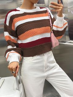 Women Casual Round Neck Drop Shoulder Striped Long Sleeve Pullover Sweater, Autumn/Winter Multicolor Casual  Long Sleeve Fabric Colorblock,Striped Pullovers Slight Stretch  Women Clothing, size features are:Bust: ,Length: ,Sleeve Length: Women Sweaters, Long Sleeve Pullover Sweater, Sweater Pattern