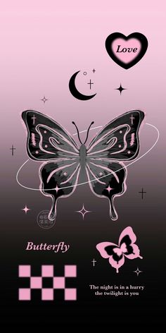 a pink and black butterfly with the words love on it