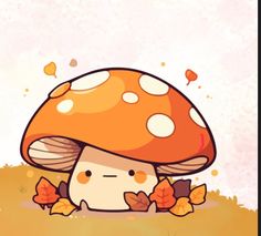 a cartoon mushroom with leaves around it's legs sitting on the ground in front of a