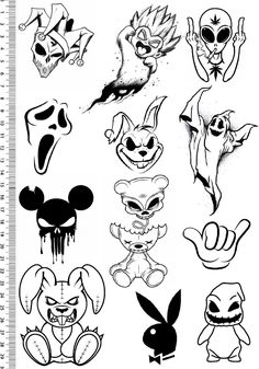 various cartoon faces drawn in black and white