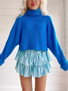 Sydney Cropped Blue Sweater | Sassy Shortcake | sassyshortcake.com Hunny Bun, Blue Turtleneck Sweater, Sassy Shortcake, Blue Turtleneck, Fancy Fits, Preppy Sweater, Preppy Summer Outfits, Winter Closet, Sweater Turtleneck