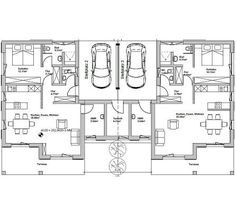 the floor plan for an apartment with three beds and two cars parked in each room