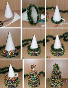 the instructions for making a christmas tree out of plastic cups are shown in multiple pictures