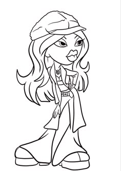 a cartoon girl with long hair wearing a hat and boots