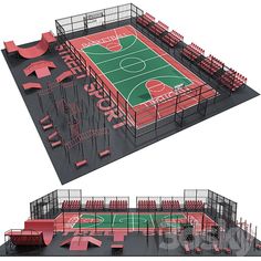 two renderings of a basketball court with red seats and green field in the middle