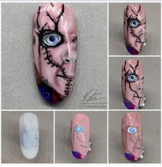 Horror Character Nail Art, Chuckie Nail Art, Chucky Nail Designs, Nails Hollowen, Chuckie Nails, Halloween Nails Chucky, Chucky Halloween Nails, Stitches Nails, Chucky Nails Acrylic