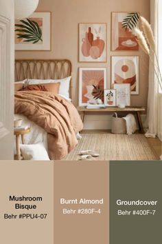 a bedroom with neutral colors and artwork on the wall