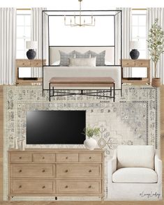 a living room with furniture and decor in neutral colors, including a bed, dresser, tv