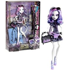 a doll with purple hair holding a purse in front of a box and the packaging